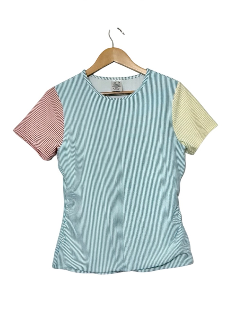 Lands End Seersucker Swim Top UPF Short Sleeve 50 Built in Padded Bra Women’s 10